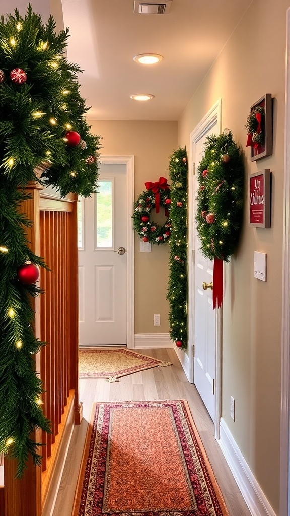 A festive hallway decorated with a garland, wreath, and Christmas wall art.